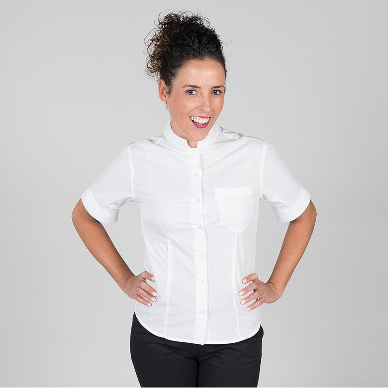 Blusas de chica blanca de manga corta con cuello mao - Uniformes baratos  para camareras y recepcionistas