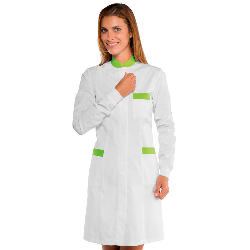 Bata mujer larga con detalle verde Catalina Isacco - Uniformes sanidad, farmacias y comercios- Ropa de trabajo