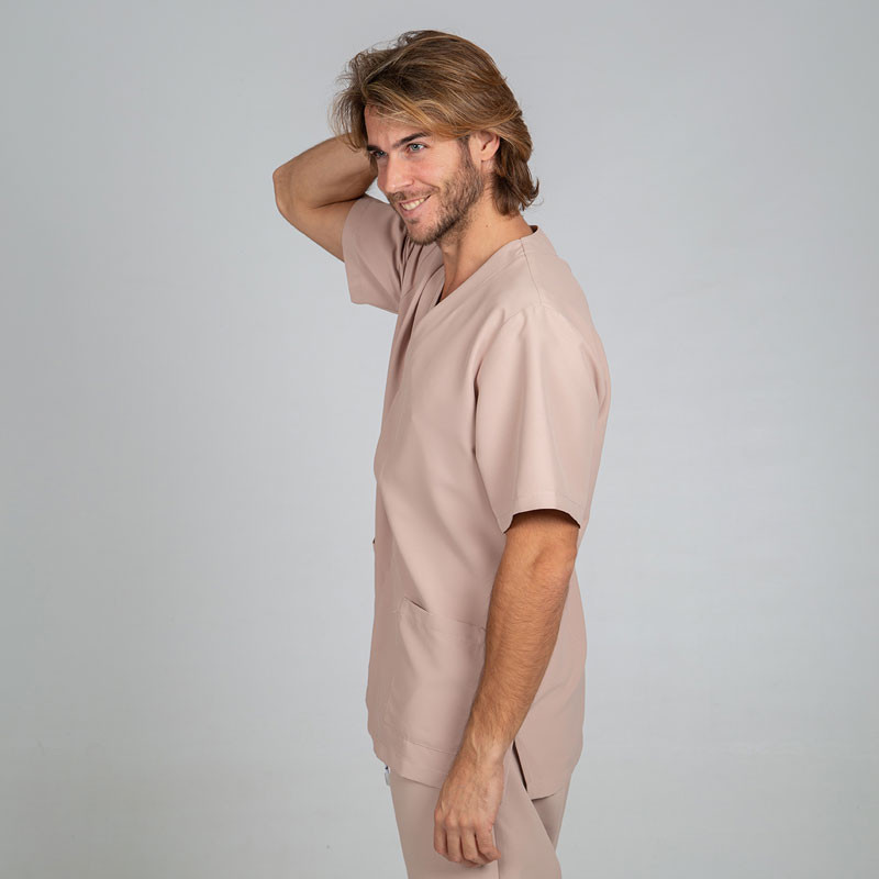 Casaca enfermero beige arena con corchete oculto - Uniforme sanitario de microfibra