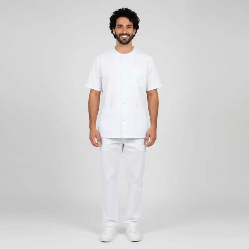 Chaqueta laboral sin cuello blanca de manga corta con corchetes Sager - Uniformes enfermería