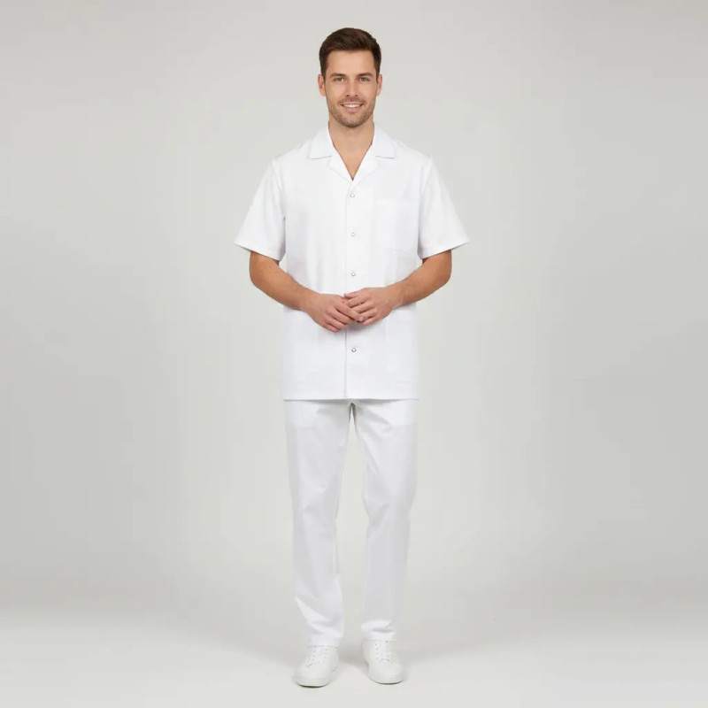 Chaqueta laboral unisex blanca de manga corta con corchetes y solapa  Sager - Uniformes enfermería