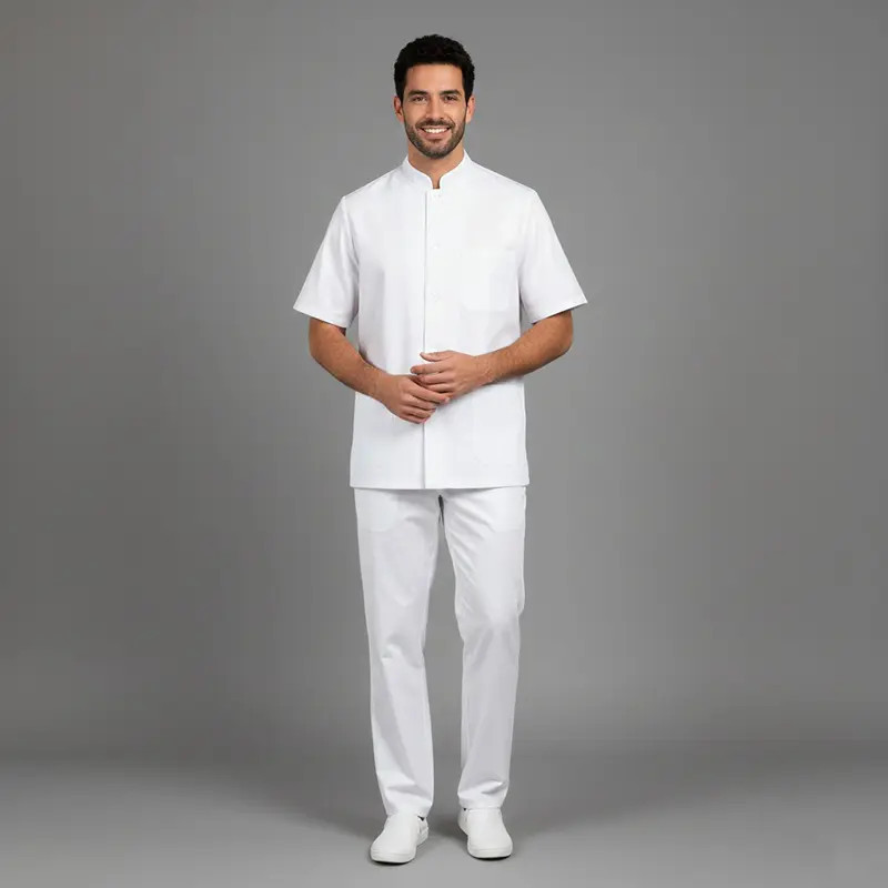 Chaqueta médica blanca unisex con cuello mao de manga corta - Uniformes médicos
