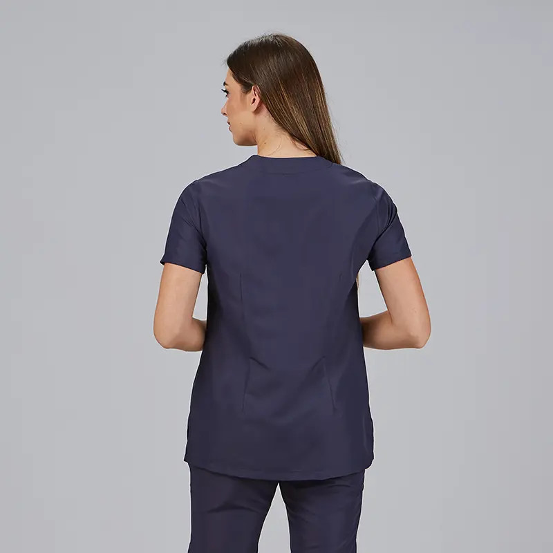 Casaca de microfibra azul marino para sanidad y comercios con corchetes Sonia de Gary's - casadelasbatas.com