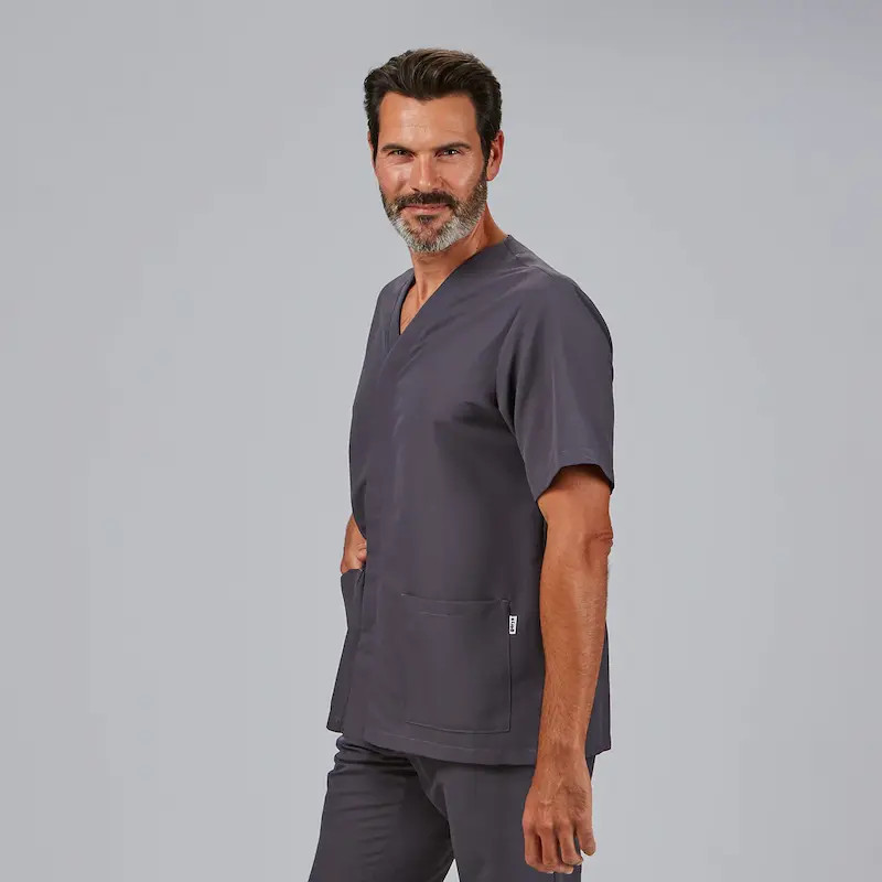 Chaqueta sanitaria gris marengo de microfibra Pablo con corchetes Gary's - casadelasbatas.com