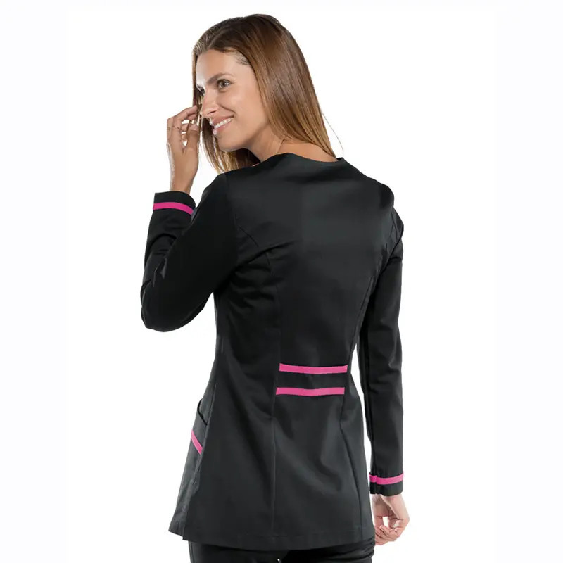 Casaca laboral de mujer Aruba negra con detalles fucsia de manga larga Isacco